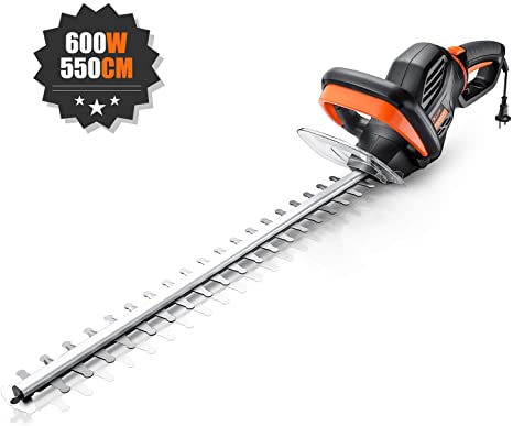 TACKLIFE Hedge Trimmer, Electric Hedge Trimmer, 600W, Rotating Rear Handle, 550mm Blade Length, 20mm Cutting Gap, Corded Hedge Trimmer, with Blade Cover & 10m Power Cable - GHT5A