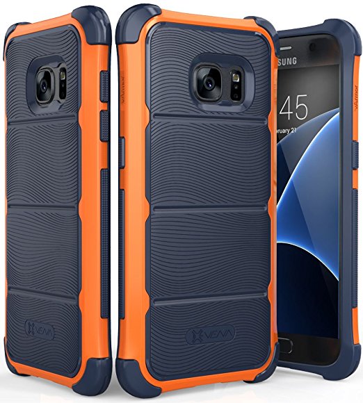 Galaxy S7 Rugged Case, Vena [vArmor][Hard Armor Wave] Heavy Duty Protection [Shock Absorption] PC Bumper TPU Case Cover for Samsung Galaxy S7 (Orange / Navy Blue)