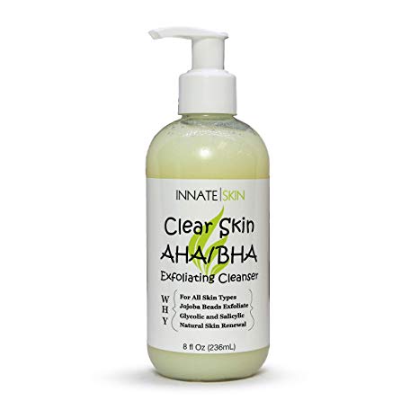 Clear Skin AHA/BHA Exfoliating Cleanser (8 oz) - Gentle Acne Face Wash with Glycolic Acid and Jojoba Beads - Safe for All Skin Types