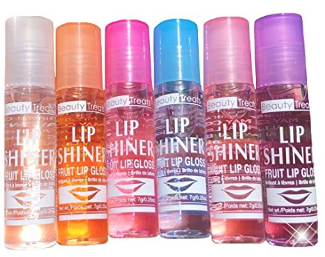 Lip Shiner Roll-On Fruit Lip Gloss by Beauty Treats; 6 Piece Assortment Set, 0.25oz / 7g each