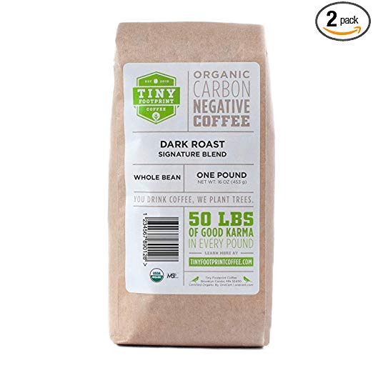 Tiny Footprint Coffee - The World's First Carbon Negative Coffee | Organic Signature Blend Dark Roast , Whole Bean Coffee | 16 Ounce (Pack of 2)