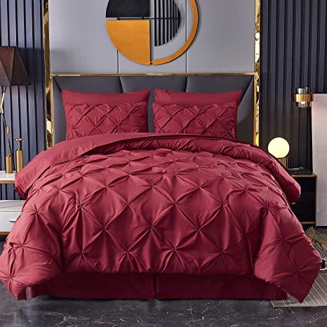 HAOK Bed in a Bag Set - 8 Pieces Pinch Pleat Bedding Comforter Sets, Pintuck Microfiber 500GSM Down Alternative Queen Comforter Set (Burgundy, Queen)