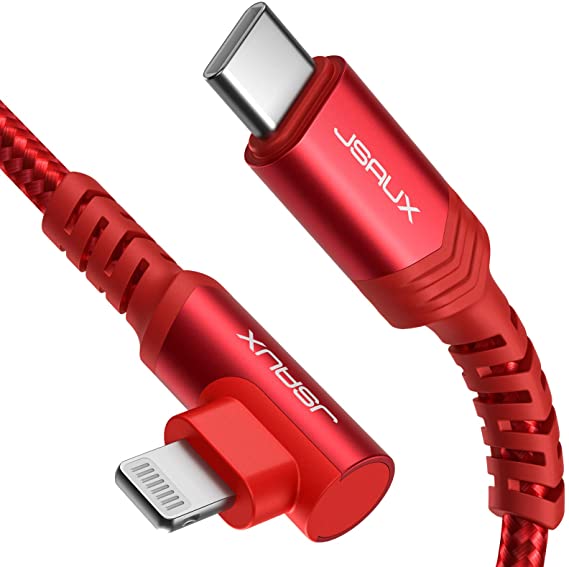 USB C to Lightning Cable Right Angle 6 FT, JSAUX [MFi Certified] Lightning to USB-C Fast Charging Braided Cord Compatible with iPhone 12 11 Pro Max X XR XS Max 8 Plus, iPad Air Mini and More (Red)