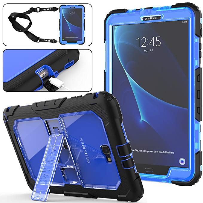 SEYMAC Stock Galaxy Tab A 10.1 T580/T585 Case (NOT for Other 10.1 Tablet), Full-Body [Heavy Duty]& Shockproof Hybrid Armor Protection with Stand & Portable Strap for Samsung Tab A 10.1 -(Blue Black)
