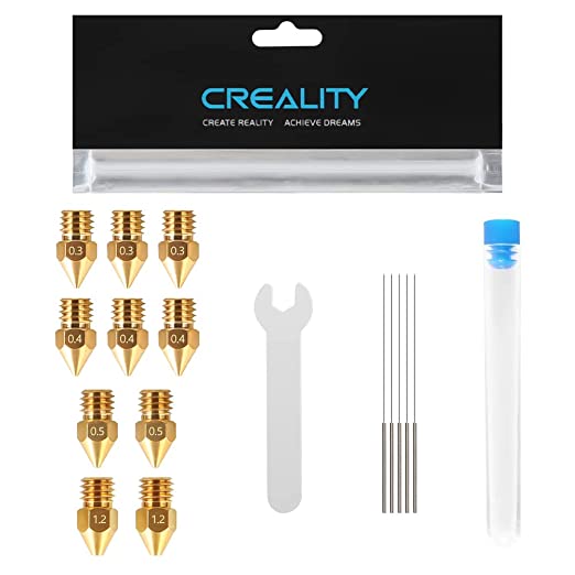 Official Creality MK8 Extruder Nozzles Kit with 10 Pcs 3D Printer Nozzles and 5 Pcs Nozzle Cleaning Cleaners and 1 Pcs Open Nozzle Wrench for Ender 3 Series/Ender 5 Series/CR-10 3D Printer