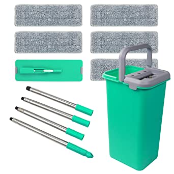 Mop Bucket Flat Squeeze Mop Bucket Floor Cleaning Hand Free, 5 Types Washable & Reusable Mop Pads, Wet or Dry Usage on All Surfaces,Stainless Steel Handle.