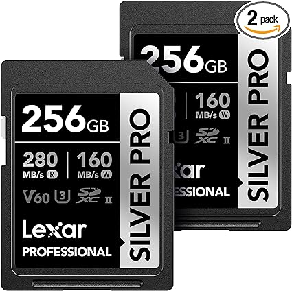 Lexar 256GB (2-Pack) Professional SILVER PRO SDXC Memory Card, UHS-II, C10, U3, V60, Full-HD & 4K Video, Up To 280MB/s Read, for Professional Photographer, Videographer, Enthusiast (LSDSIPR256G-B2NNU)