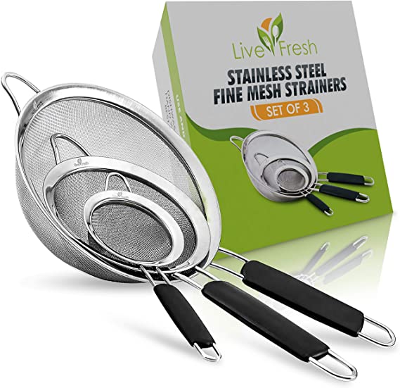 LiveFresh Mesh Strainer Stainless Set - Premium Fine Stainless Steel Fine Mesh Strainers, Colanders and Sifters Crafted for Quinoa & Amaranth with Comfortable Non Slip Handles - 3 Sizes