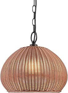 Globe Electric 44761 1-Light Outdoor Plug-in Pendant Light, Plastic Rattan Shade, Frosted Inner Shade, Bronze Hanging Cord and Chain, Kitchen Island, Cafe, Ceiling Hanging Light, Bulb Not Included