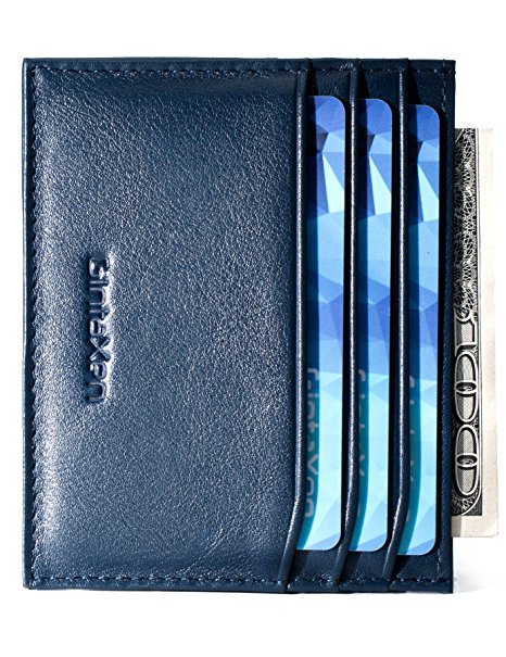Slim Genuine Leather Credit Card Holder Front Pocket Wallet with RFID Blocking - Dark Blue