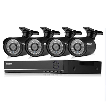 incoSKY Security Camera System, A2 5-in-1 4CH 1080p DVR and 4XIndoor/Outdoor 1MP 720P 1500TVL Camera with IR Night Vision LED for Home Monitoring, CCTV Surveillance, Black