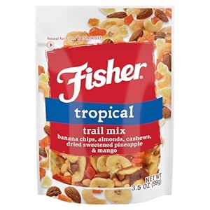 Fisher Snack Tropical Trail Mix, 3.5 Ounces, Banana Chips, Almonds, Cashews, Dried Sweetened Pineapple and Mango