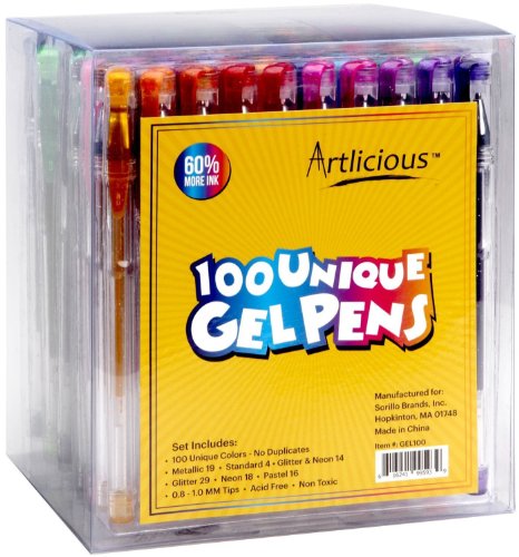 Artlicious - ULTIMATE 100 Unique Gel Pens Set - No Duplicates - 60% More Ink Than Other Brands - Non Toxic & Acid Free - Ideal for Coloring Books