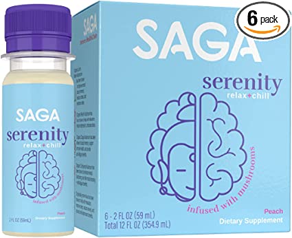 SAGA Serenity Kava Wellness Shots with Organic Lion's Mane, Cordyceps, Chaga, Reishi, Adaptogens, Functional Beverage to Support Relaxation, Sleep, Stress, Vegan, Gluten Free, Peach 6 Pack