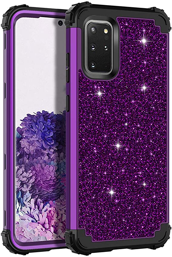 LONTECT for Galaxy S20 Plus Case Glitter Sparkle Bling Heavy Duty Hybrid Sturdy Armor High Impact Shockproof Protective Cover Case for Samsung Galaxy S20 Plus 6.7 2020, Shiny Purple/Black