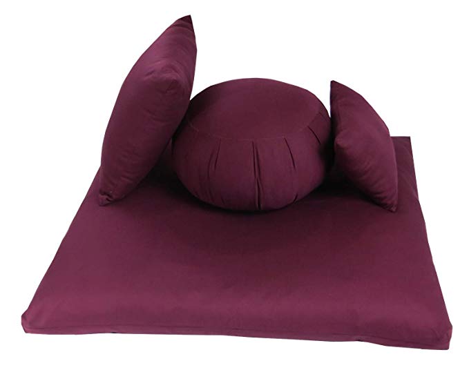 Buckwheat Zafu, Zabuton and Support Meditation Cushions Set (4Pc), Burgundy