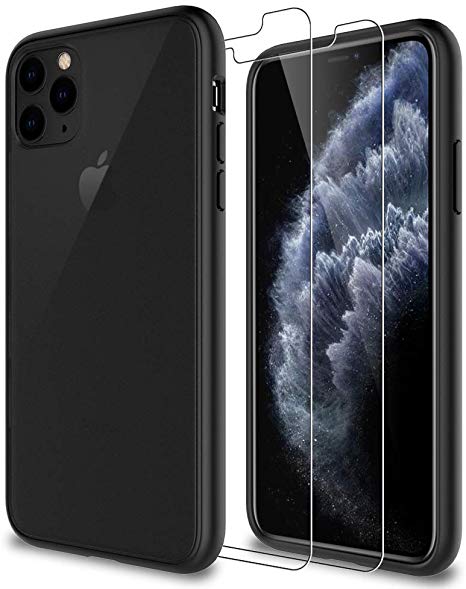 LK iPhone 11 Pro Max Case with 2 Pack Tempered Glass Screen Protector [Acrylic Back and TPU Bumper], [Shock-Absorption] [Full Protection] Cover - Translucent Matte Black