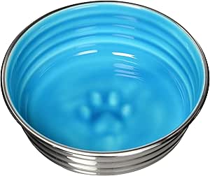 Loving Pets - Le BOL Dog Food Water Bowl Enamel Ceramic Bowl No Tip Stainless Steel Pet Bowl No Skid Spill Proof (Small, Seine Blue)