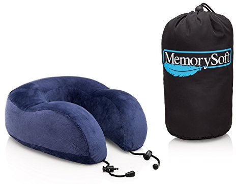 NEW Luxury Travel Neck Pillow by MemorySoft - Extremely Soft & Comfy Contoured Memory Foam Neck Pillow - Great Travel Accessories Gift - Includes a Handy Travel Bag - No Hassle Guarantee