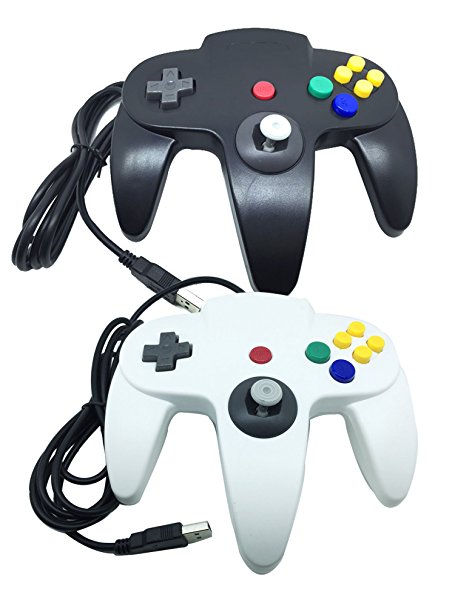 Bowink 2 packs Classic Retro N64 Bit USB Wired Controller for PC (Black and White)