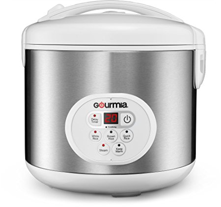 Gourmia GRC870 20 Cup Rice Cooker and Steamer For Grains and Hot Cereal - Steam Basket - Stainless Steel - 6 Preset Modes and Settings Digital Display - Keep Warm - Timer - Bonus Cookbook Included