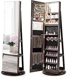 COSTWAY 360° Rotating Mirror Jewelry Armoire, Freestanding Jewelry Organizer w/ 3-Color LED Lights, Full-length Mirror with Jewelry Storage, Lockable Jewelry Cabinet for Bedroom, Cloakroom (Espresso)