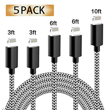 iPhone Charger, MFi Certified Cable, 5 Pack(3/3/6/6/10 FT) Extra Long Nylon Braided Charging&Syncing Cord Compatible with iPhone Xs/XR/XS Max/X/7/7Plus/8/8Plus/6S/6S Plus/5 More Black&White