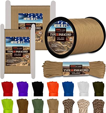 HERCULES Type III Paracord 550 Paracord Rope Parachute Cord, 50' Desert Tan Paracord for Camping Rope, Survival Rope