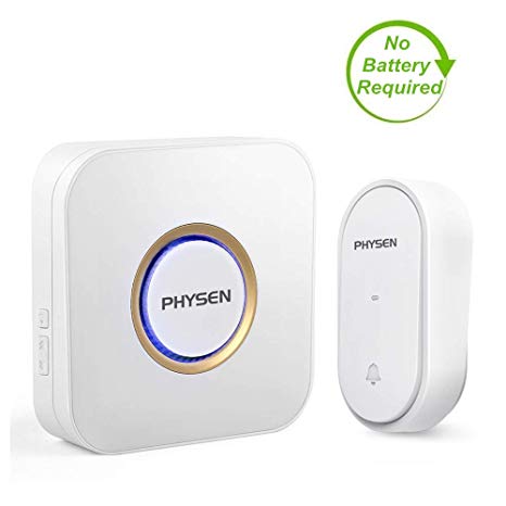 No Battery Required Wireless Doorbell,PHYSEN IP55 Waterproof Door Chime,Door Bell Wireless Plug in 1 Receiver and 1 Self-Powered Push Button,52 Ringtones with LED Flash,4 Volume Levels,500 Feet Range