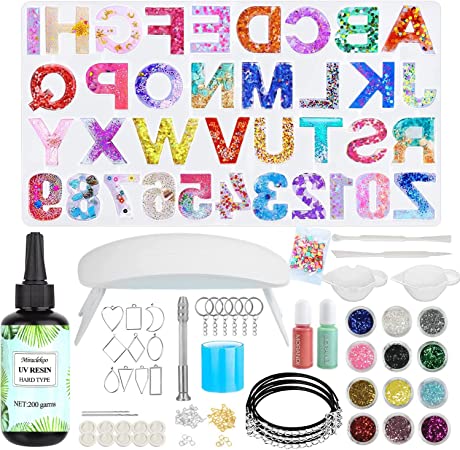 Miraclekoo UV Resin Kit with Light and Alphabet Resin Molds for Beginners, 7oz UV Epoxy Resin and Supplies with UV Lamp Resin Jewelry Molds Starter DIY Kits Tools for Keychain Necklace Making