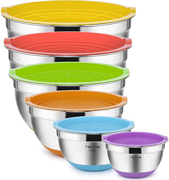 6 Pcs Mixing Bowls with Lids,YIHONG Stainless Steel Metal Bowls Set for Mixing, Baking,Serving,Food Prep, Size 7,5,4,3,2,1.5QT, with Colorful Non-Slip Bottoms