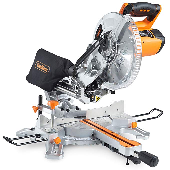 VonHaus 2000W 255mm (10") Sliding Compound Single Bevel Mitre Saw- Powerful Performance with  45°/-45° Versatility – Easily Cuts through Woods & Plastics - Laser Guide, Extension Bars & Dust Bag.