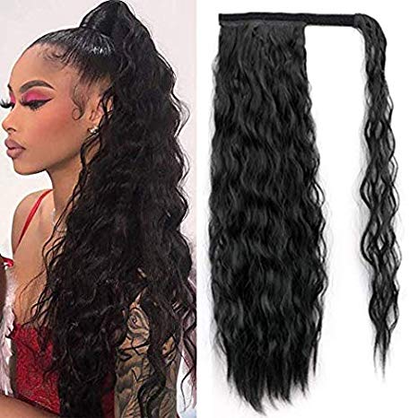 22 Inch Long Corn Wave Ponytail Extension Magic Paste Synthetic Curly Wavy Drawstring Ponytail Extension Curly Heat Resistant Hairpieces for black Women(2#)