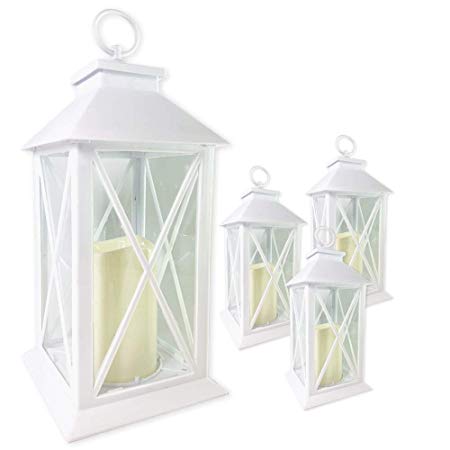 BANBERRY DESIGNS White Decorative LED Lanterns with Cross Bar Design - Lanterns with Flameless Pillar Candles Included - 5 Hour Timer Included - Hanging or Sitting Decoration - Set of 6-13" H