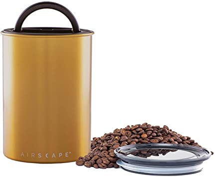 Airscape Stainless Steel Coffee Canister | Food Storage Container | Patented Airtight Lid | Push Out Excess Air Preserve Food Freshness (Medium, Brushed Brass)