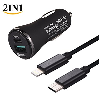 YOMAIS 2in1 33W Quick Charge QC 3.0 USB C Car Charger   3A USB C to Lightning Data Sync Charging Cable Charger Cord for iPhone 7 7Plus 6 6Plus