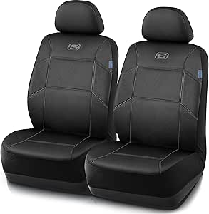 Skechers Work Car Seat Covers, Leather Seat Covers, 5-Times Stronger Built-in Webbing, Mesh Fabric Seat Cover for Cars, Airbag Compatible, Automotive Comfort for Cars, Trucks, SUVs(Black,Two Front)