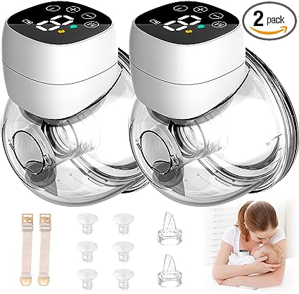 Akaho Wearable Breast Pump, Low-Noise and Painless Hands Free Electric Breast Pump with 3 Mode & 9 Levels, 24mm Default and Come with 6 Flanges (White-Double)
