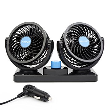 ChiTronic 12V Dual Head Rotatable Car Vehicle Air Cooling Fan - Dashboard & Console Stick-On, A/C Quick Cooling, Smoke Smell Ventilation, 2 Speed Control, 6 Feet Cord