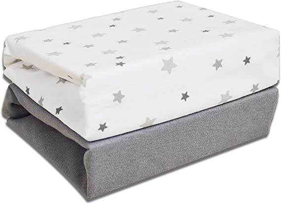 100% Organic Jersey Cotton Baby Travel Cot Fitted Sheets Universal 95 x 65cm 2 Pack Stars