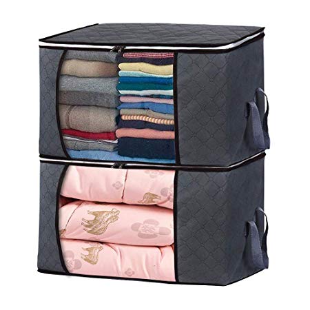 PTUNA Storage Bags for Clothes and Closet Organizer, Foldable Large Capacity Clothes Storage Bags,for Comforters, Blankets, Bedding,Clear Window, 2 Pack,90L,Gray