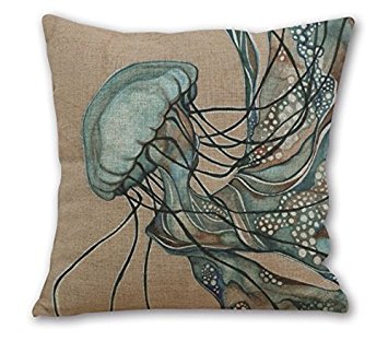 Wonder4 18'Inches Cotton Linen Square Throw Pillow Case Cushion Cover for Living Room Watercolor Jellyfish