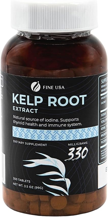 Fine USA Kelp Root Extract for Natural Healthy Thyroid, Immune System, Metabolism | Natural Source of Iodine | Fucoidan & Magnesium | Vegan, Non-GMO Ethically Naturally Sourced in Japan | 300 x 300mg