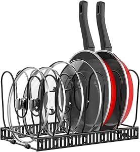 Housolution Pot and Pan Organizer Rack for Cabinet, Pot Lid Organizer with 7 Adjustable Dividers, Pan Holder Storage Rack for Kitchen Cabinet, Black