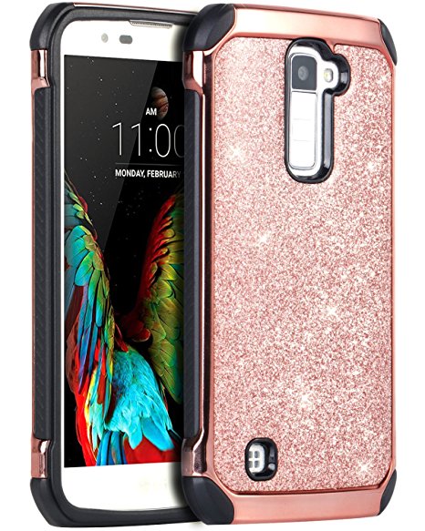 LG K10 Case, LG Premier LTE L62VL L61AL Case, BENTOBEN Sparkly Hybrid Hard Cover Laminated with Luxury Shiny Synthetic Leather Shockproof Protective Case for LG K10 MS428 K428SG Case, Rose Gold Black