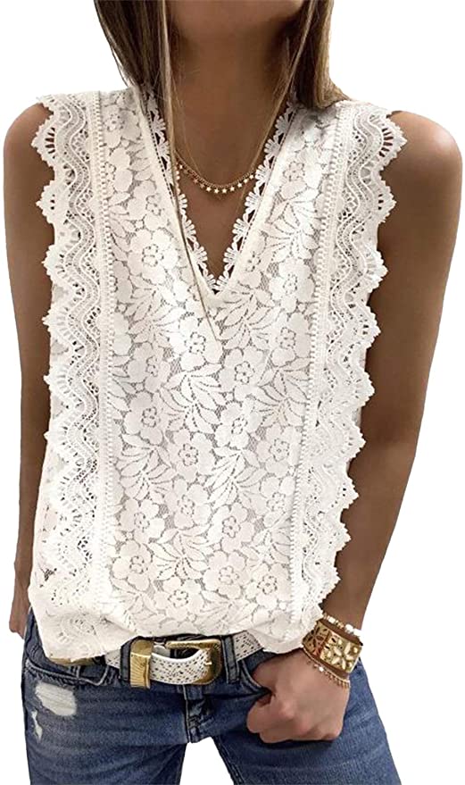 Dokotoo Women's V Neck Lace Crochet Tunic Tank Tops Flowy Casual Sleeveless Blouses Shirts