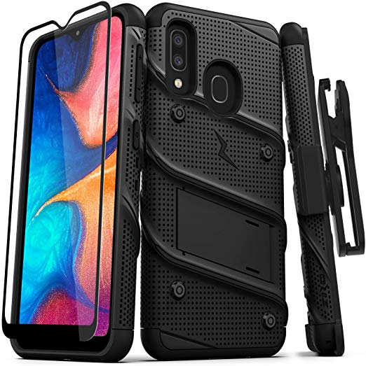 ZIZO Bolt Series Samsung Galaxy A20 Case | Heavy-Duty Military-Grade Drop Protection w/Kickstand Included Belt Clip Holster Tempered Glass Lanyard Galaxy A50 - Black