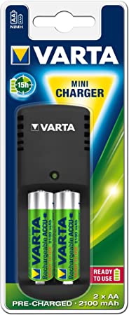 Varta Mini Battery Charger for AA and AAA batteries with UK plug includes 2 x AA 2100mAh Rechargeable Batteries