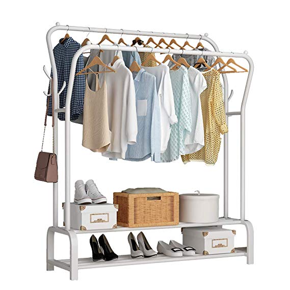 UDEAR Garment Rack Freestanding Hanger Double Rods Multi-Functional Bedroom Clothing Rack, Double Layer ，8 Hooks，White