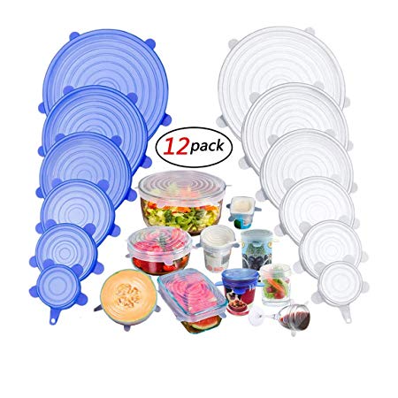 EacoHome 12 Pack Reuseable Silicone Stretch Seal lids,BPA-Free Food Storage Covers Fit Various Shape of Containers, Dishes, Bowls, Safe in Dishwasher, Microwave and Freezer